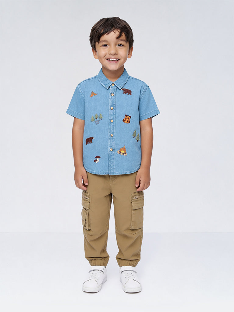 HOP Kids Boys Blue Jungle-Inspired Denim Shirt