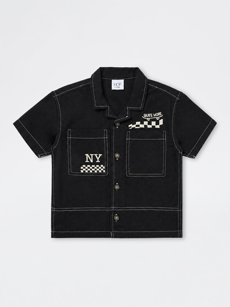 HOP Kids Boys Black Graphic Printed Cotton Shirt