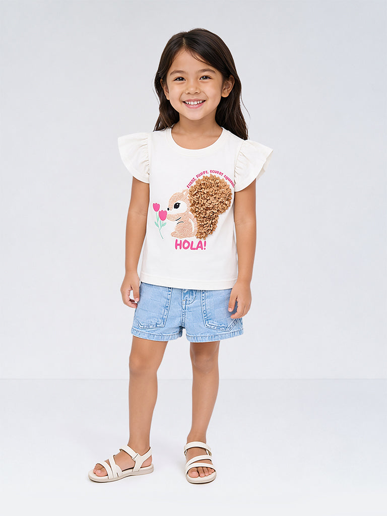 HOP Kids Girls White Squirrel Design Cotton Top