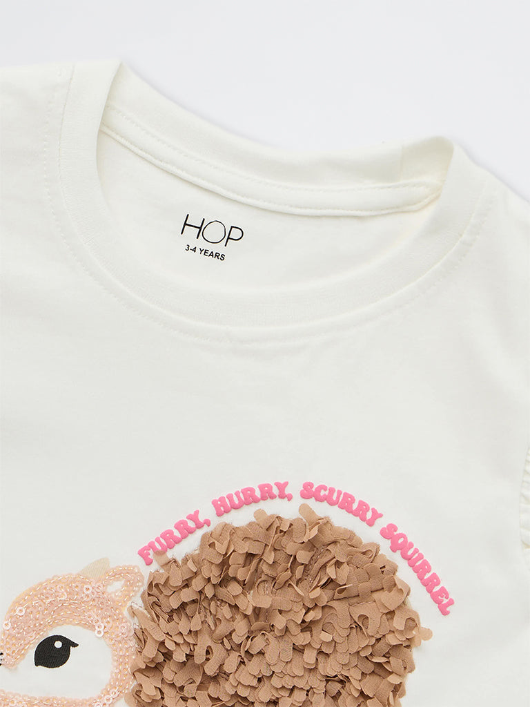 HOP Kids Girls White Squirrel Design Cotton Top