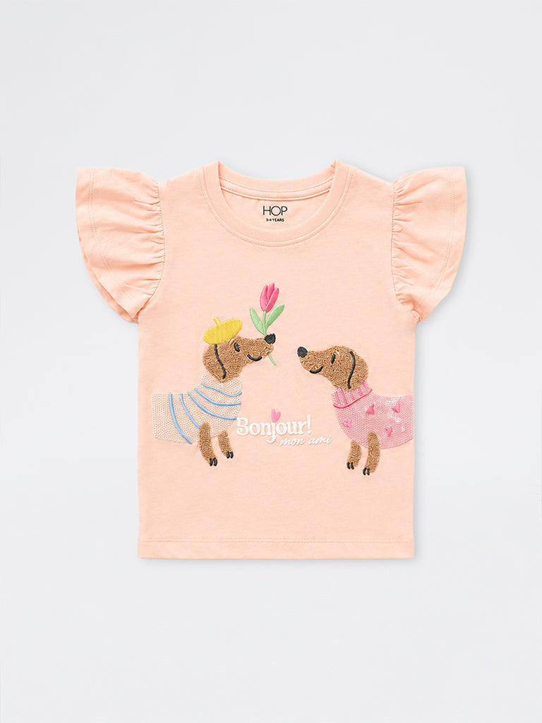 HOP Kids Girls Peach Animal Design Cotton Top