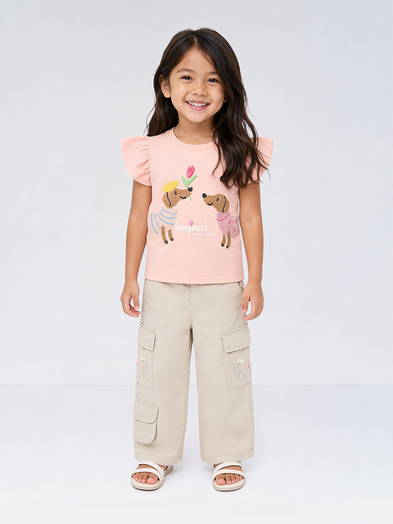 HOP Kids Girls Peach Animal Design Cotton Top