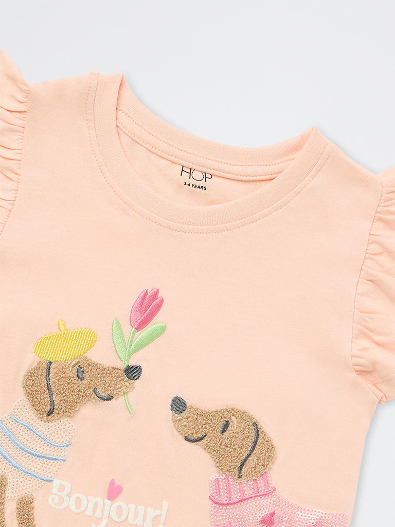 HOP Kids Girls Peach Animal Design Cotton Top