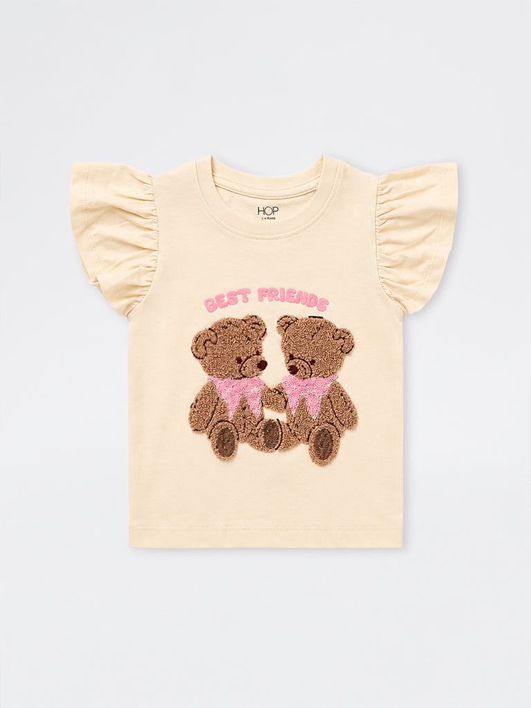 HOP Kids Girls Cream Teddy-Bear Design Cotton Top