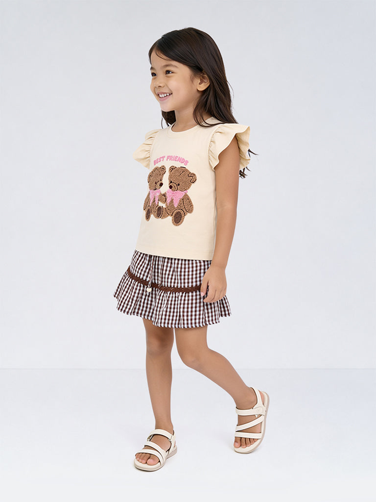 HOP Kids Girls Cream Teddy-Bear Design Cotton Top