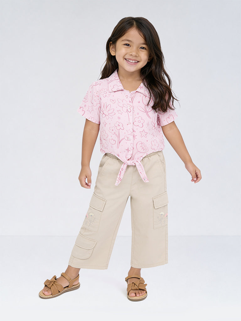 HOP Kids Girls Pink Floral Design Cotton Shirt