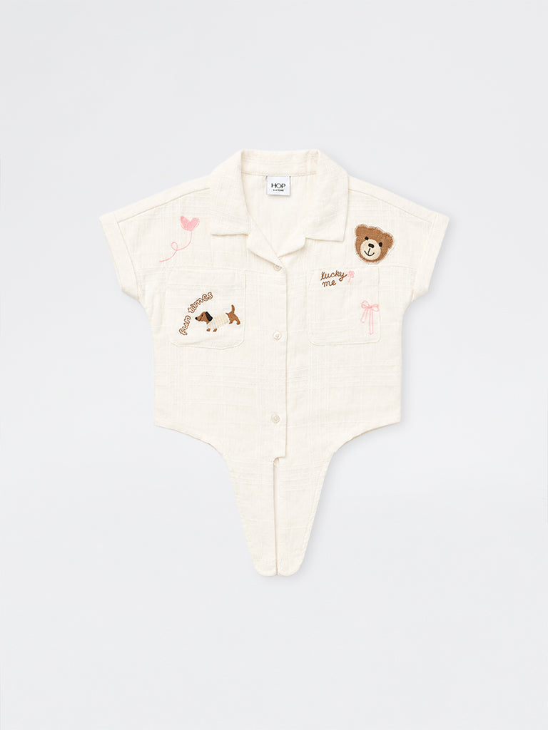 HOP Kids Girls Off-White Embroidered Tie-Up Cotton Top