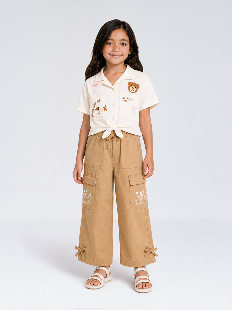 HOP Kids Girls Off-White Embroidered Tie-Up Cotton Top