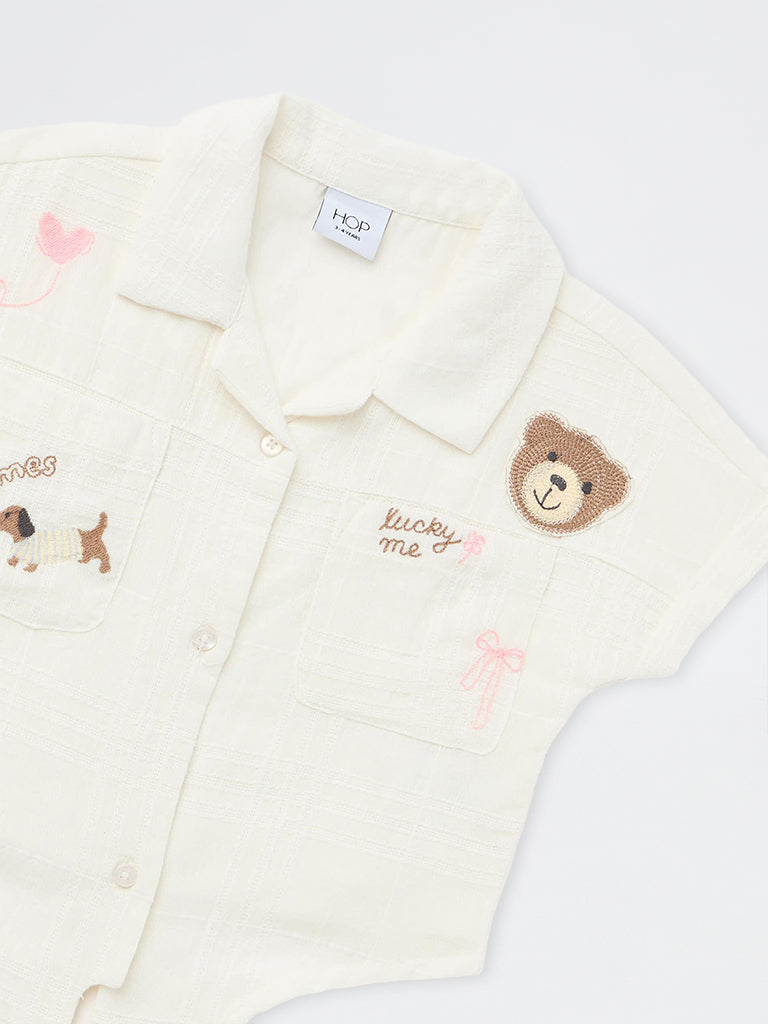 HOP Kids Girls Off-White Embroidered Tie-Up Cotton Top