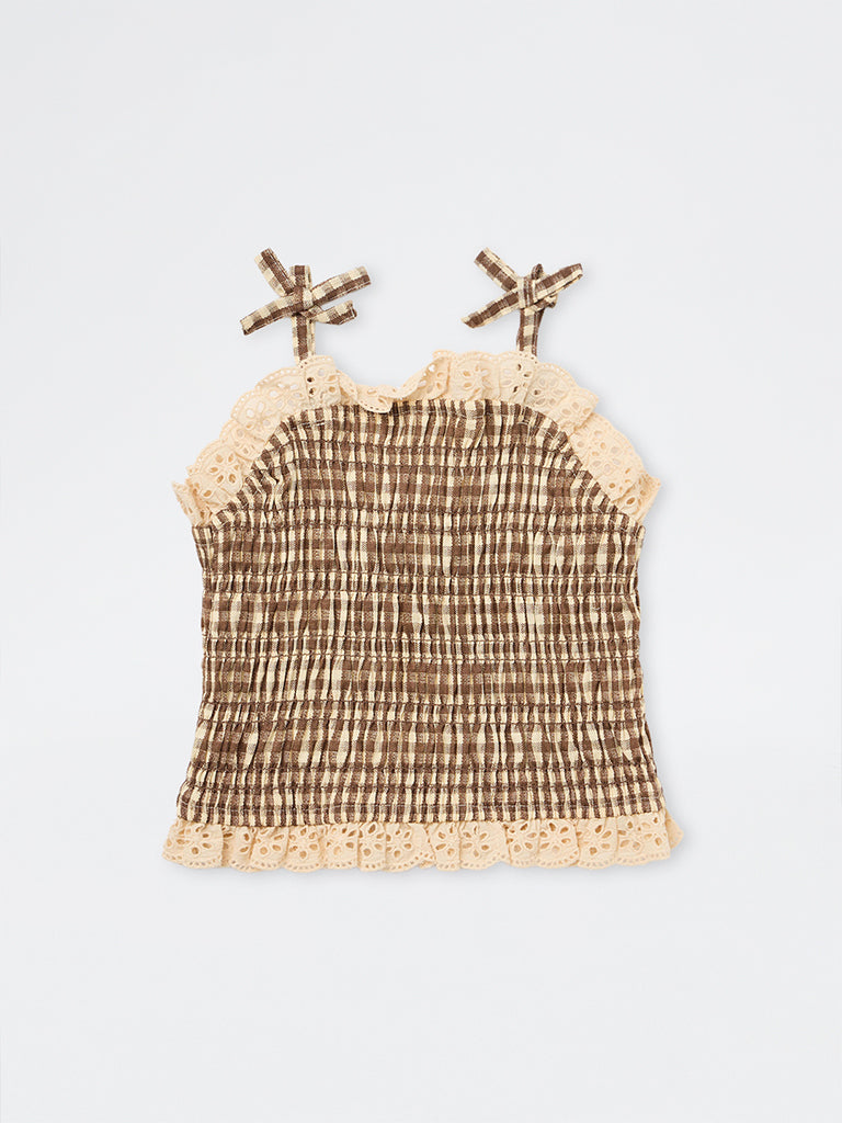 HOP Kids Girls Brown Gingham Checkered Cotton Top