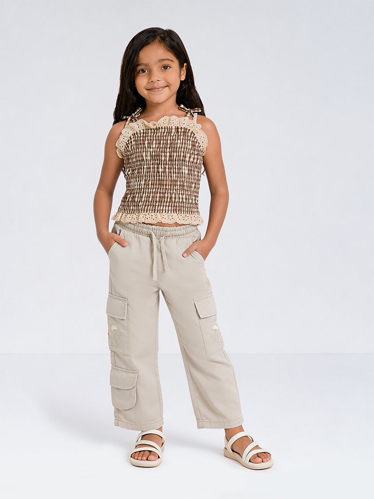 HOP Kids Girls Brown Gingham Checkered Cotton Top