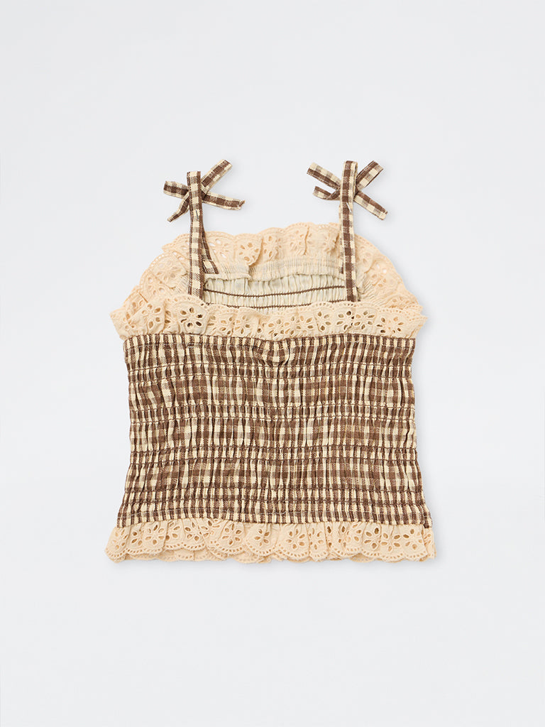 HOP Kids Girls Brown Gingham Checkered Cotton Top