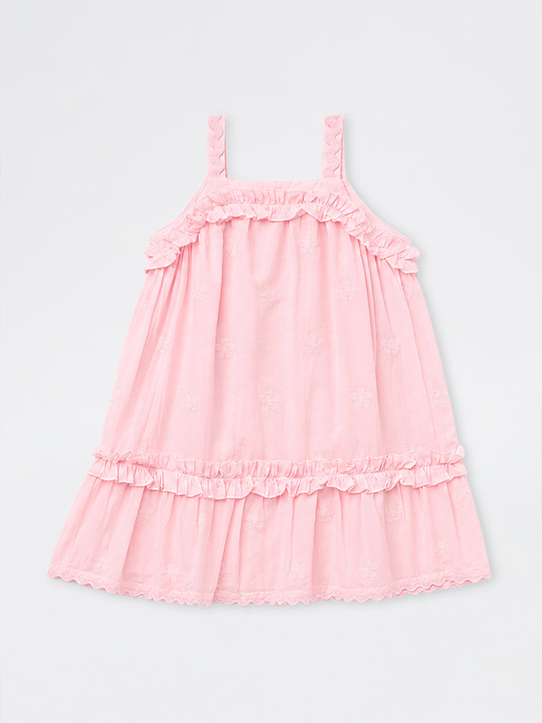 HOP Kids Girls Pink Ruffle-Detailed Cotton A-Line Dress