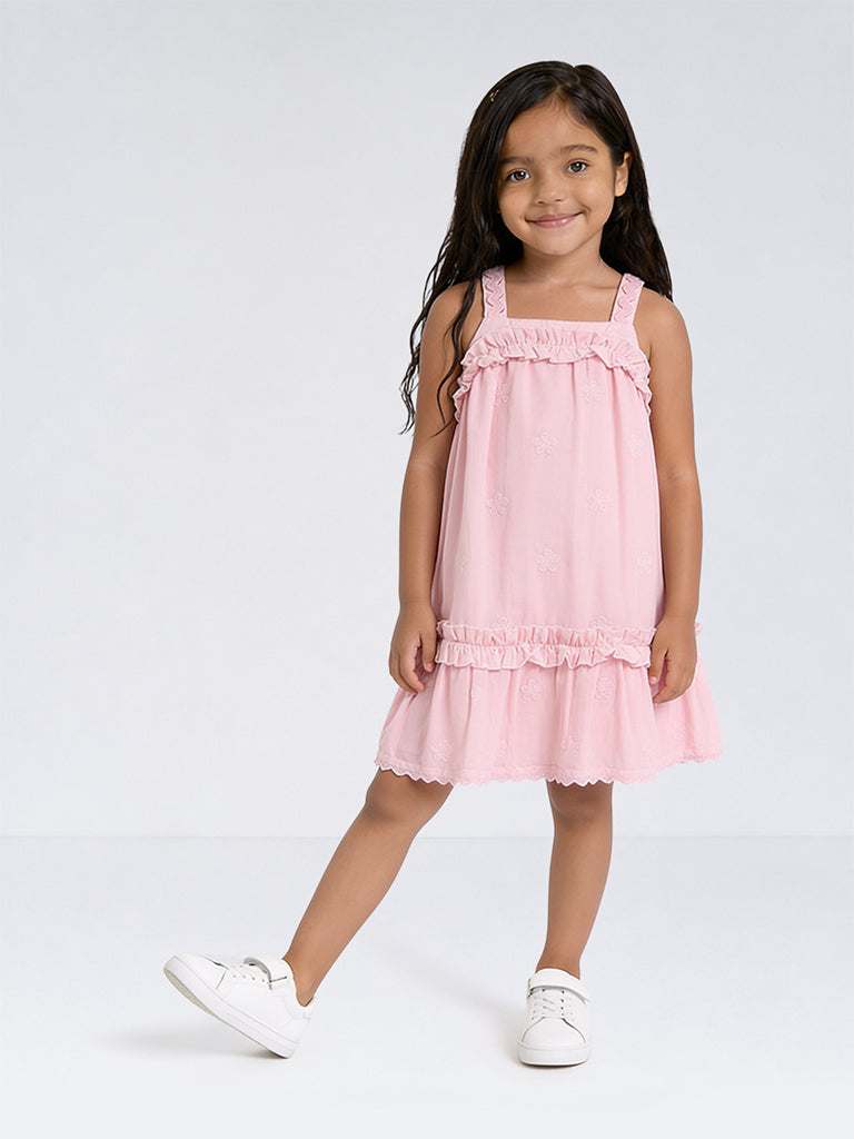 HOP Kids Girls Pink Ruffle-Detailed Cotton A-Line Dress