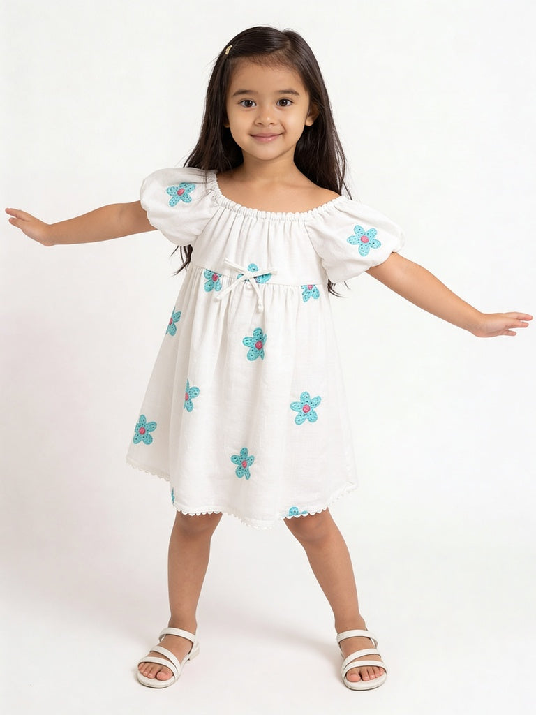 HOP Kids Girls Off-White Floral Cotton A-Line Dress