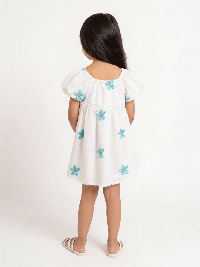 HOP Kids Girls Off-White Floral Cotton A-Line Dress