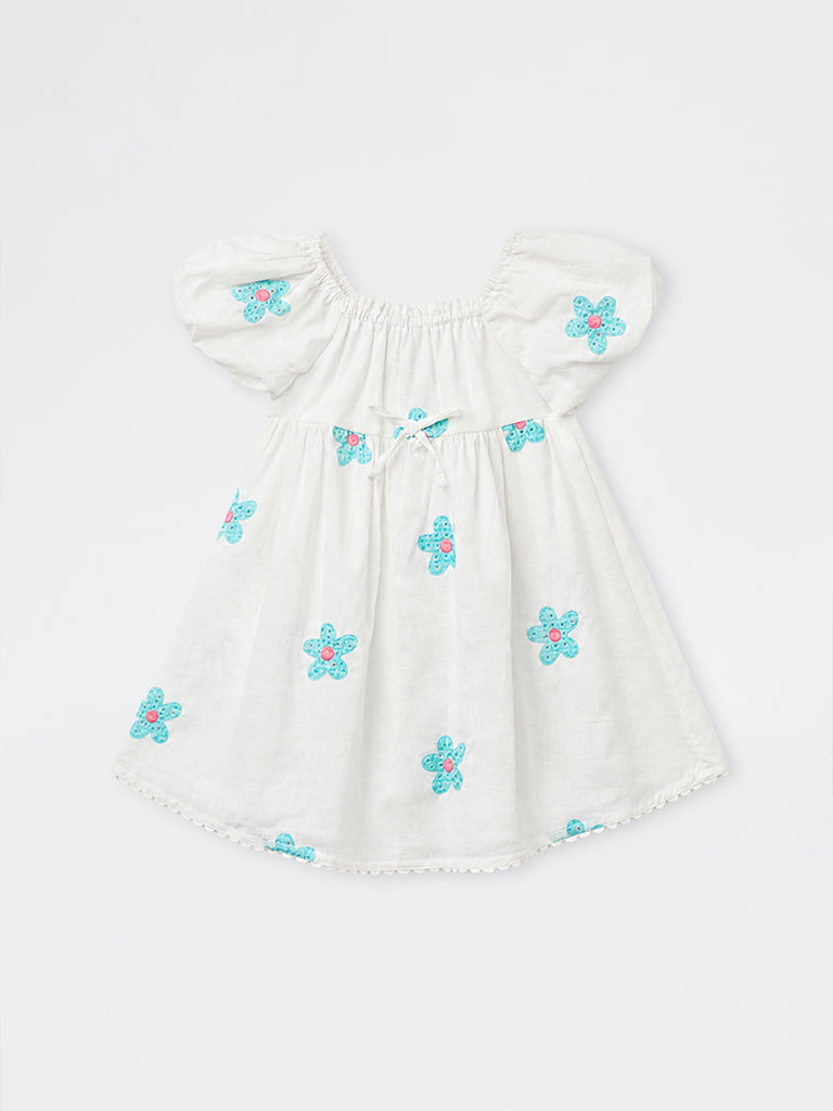 HOP Kids Girls Off-White Floral Cotton A-Line Dress