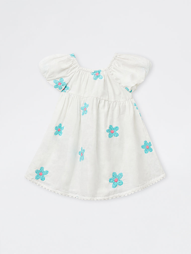 HOP Kids Girls Off-White Floral Cotton A-Line Dress