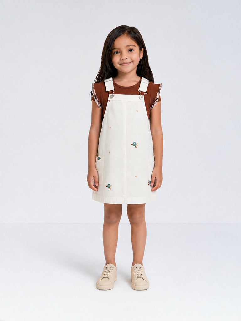 HOP Kids Girls Off-White Embroidered Denim Pinafore with T-Shirt Set