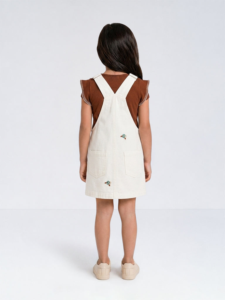 HOP Kids Girls Off-White Embroidered Denim Pinafore with T-Shirt Set