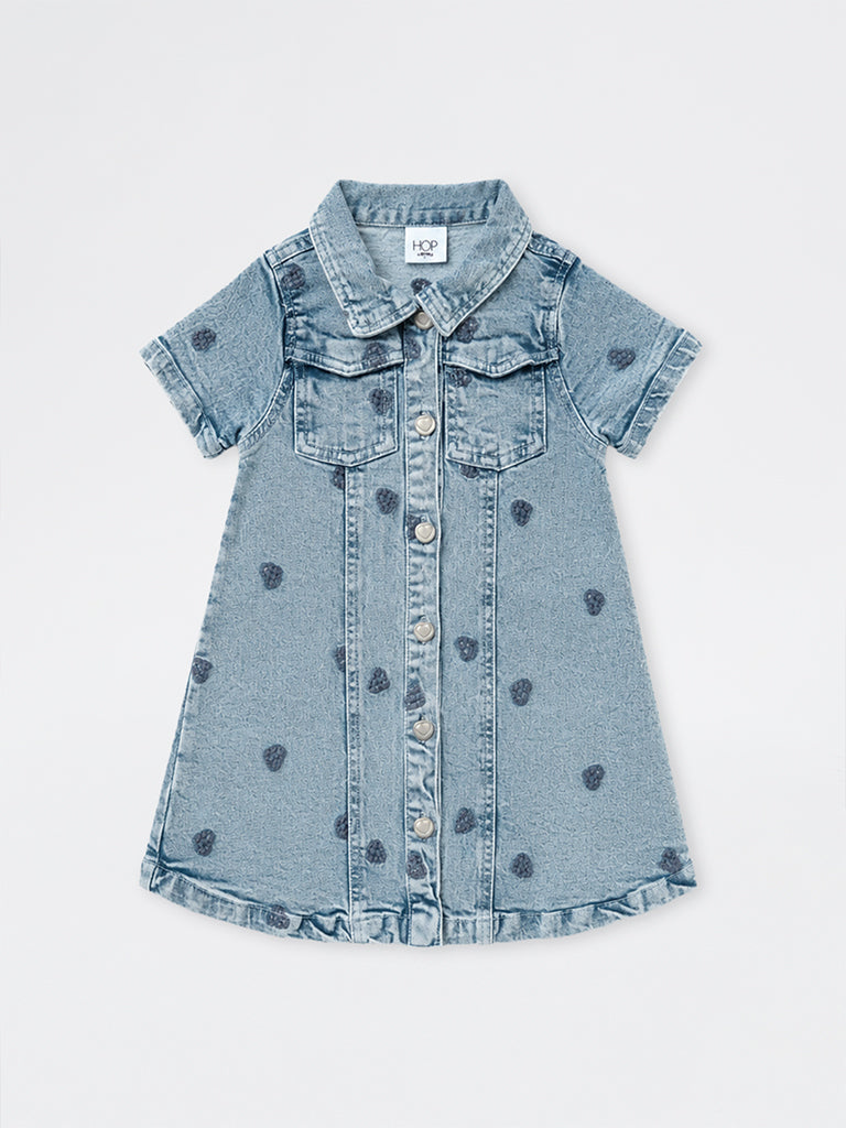 HOP Kids Girls Blue Embroidered A-Line Denim Dress