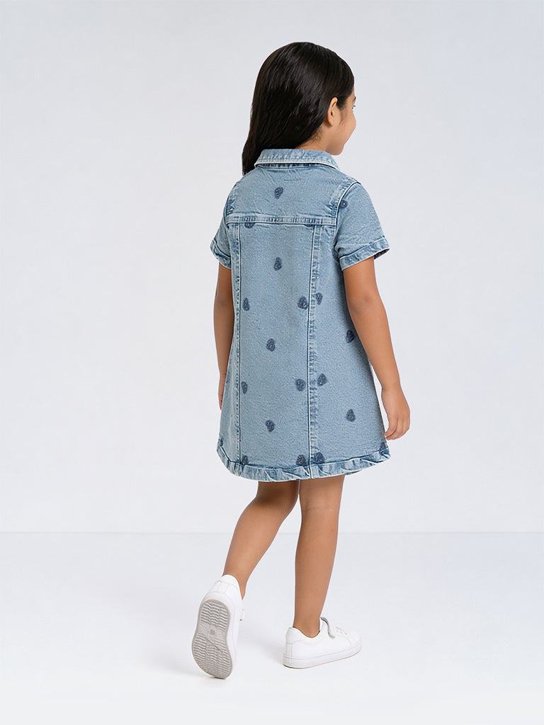 HOP Kids Girls Blue Embroidered A-Line Denim Dress