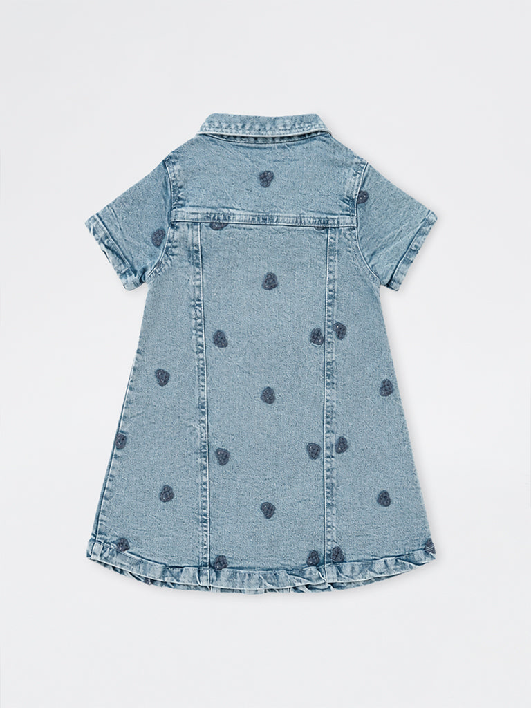 HOP Kids Girls Blue Embroidered A-Line Denim Dress