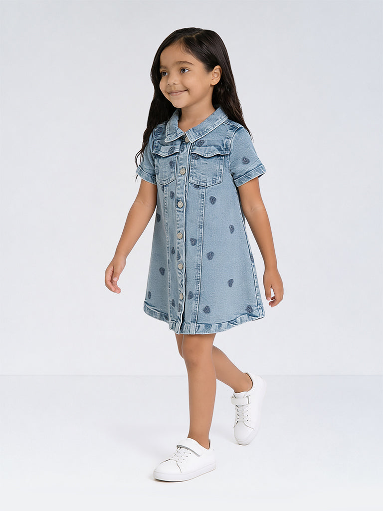 HOP Kids Girls Blue Embroidered A-Line Denim Dress
