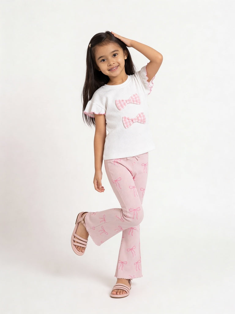 HOP Kids Girls Off-White Gingham Bow Detail Cotton T-Shirt