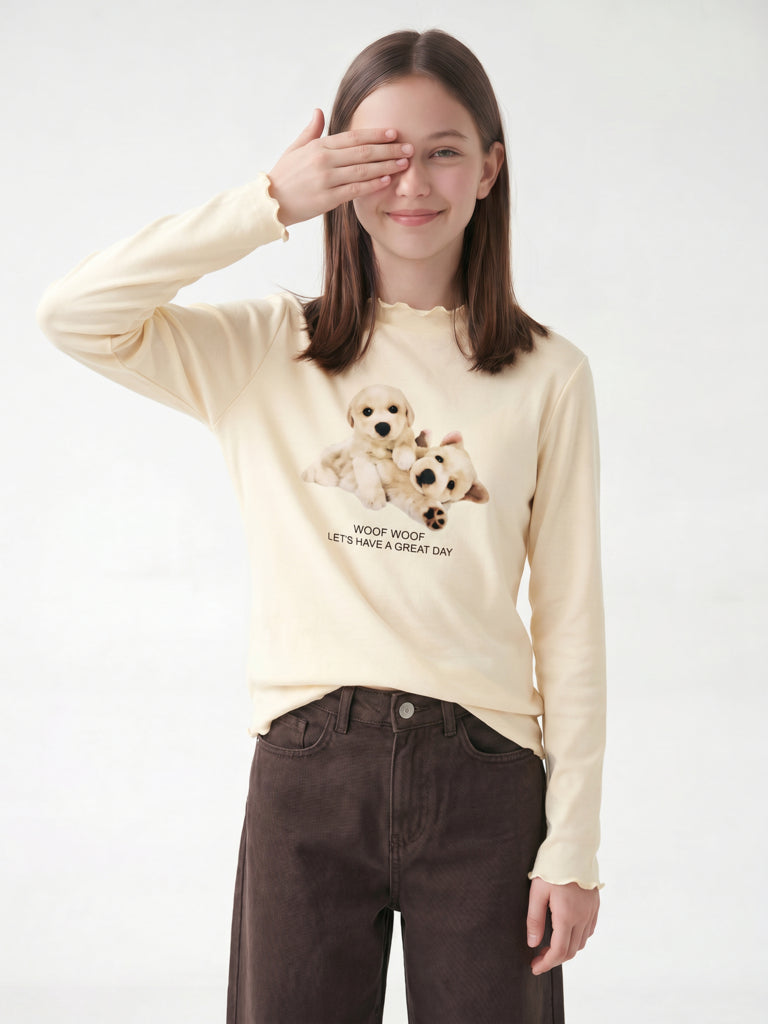 Girls Cream Animal Printed Cotton-Blend Top