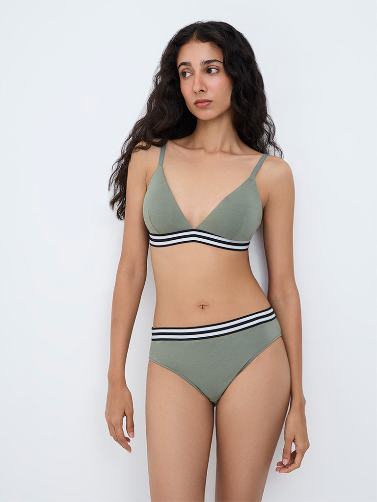 Superstar Olive Striped Triangle Padded Cotton-Blend Bra