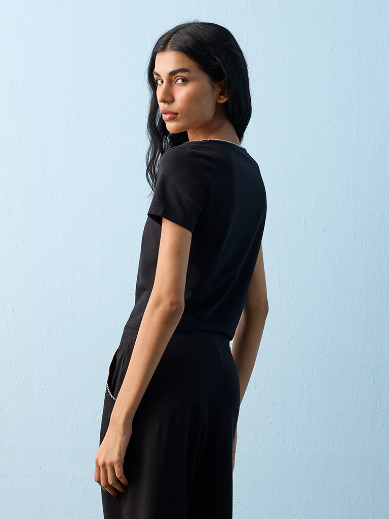 Superstar Black Scalloped Cotton-Blend Top