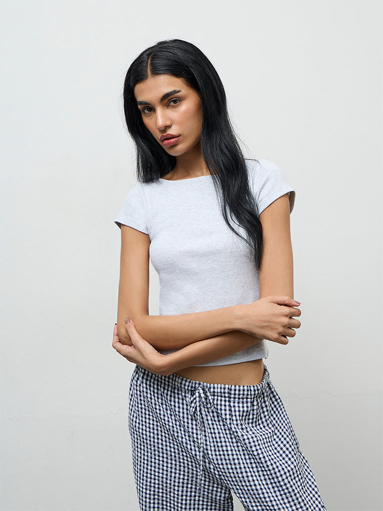 Superstar Grey Ribbed Cotton-Blend Top