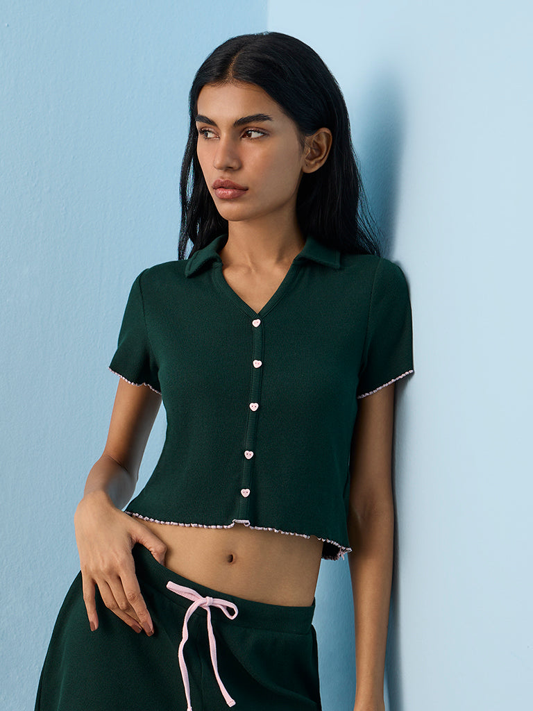Superstar Green Ribbed-Textured Cotton-Blend Top