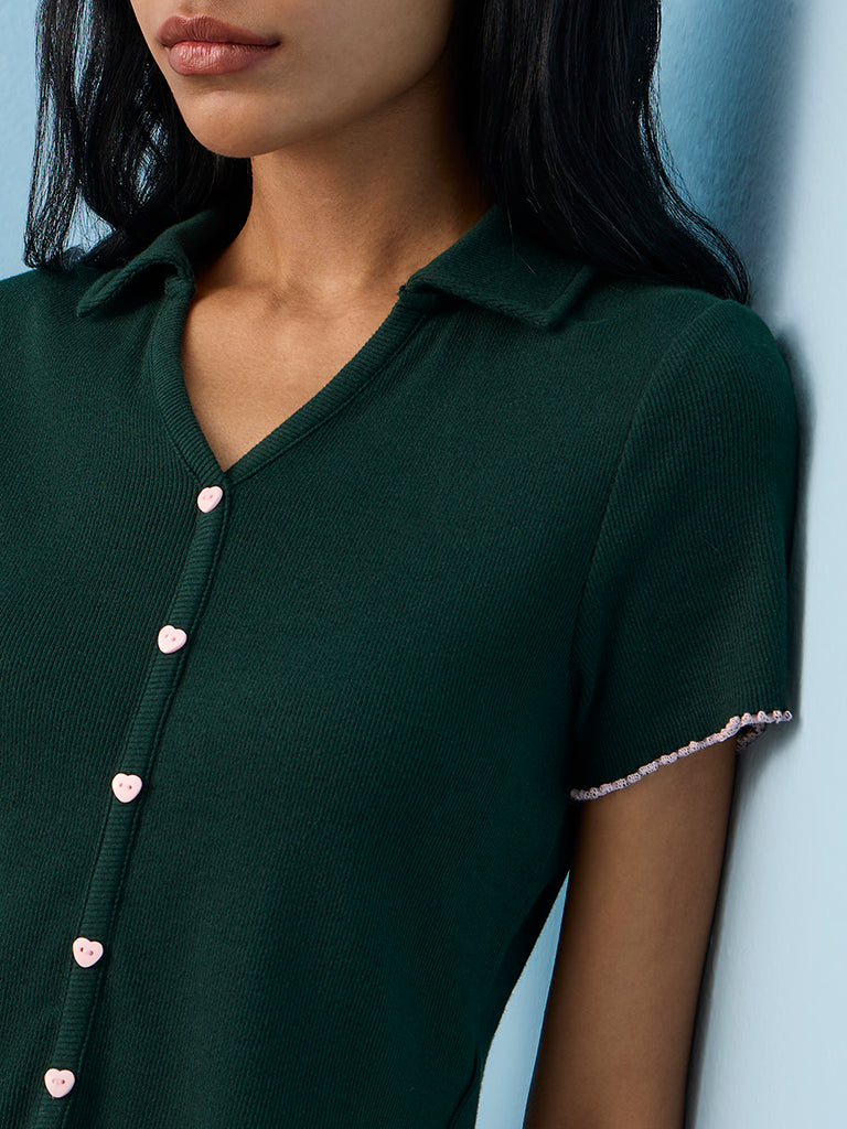 Superstar Green Ribbed-Textured Cotton-Blend Top