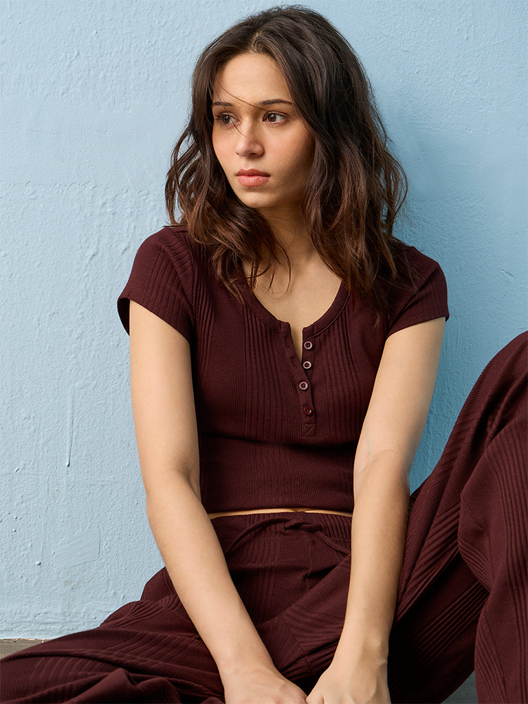 Superstar Dark Brown Ribbed Cotton-Blend Top