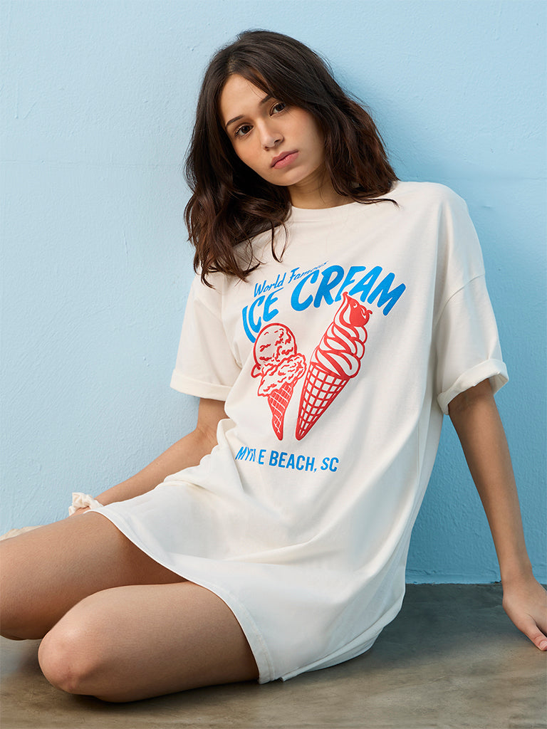 Superstar Off-White Printed Cotton T-Shirt Dress