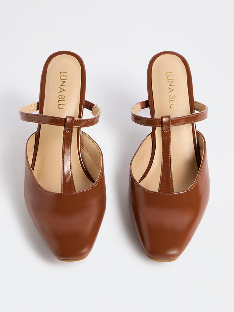 LUNA BLU Tan Thong-Strap Stiletto Heel Mules