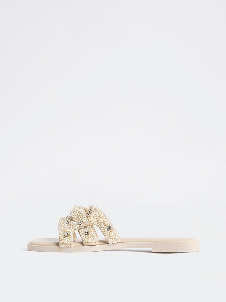 LUNA BLU Ivory Pearl Embellished Slides