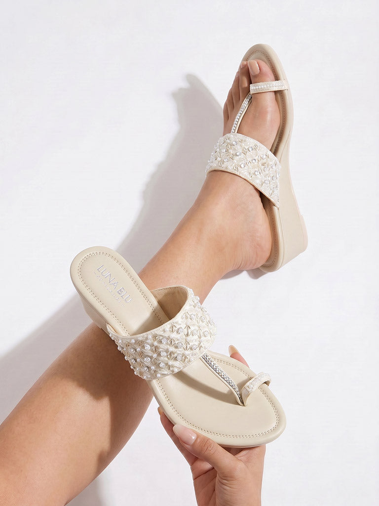 LUNA BLU Ivory Embellished Kolhapuri Wedge Heel Sandals