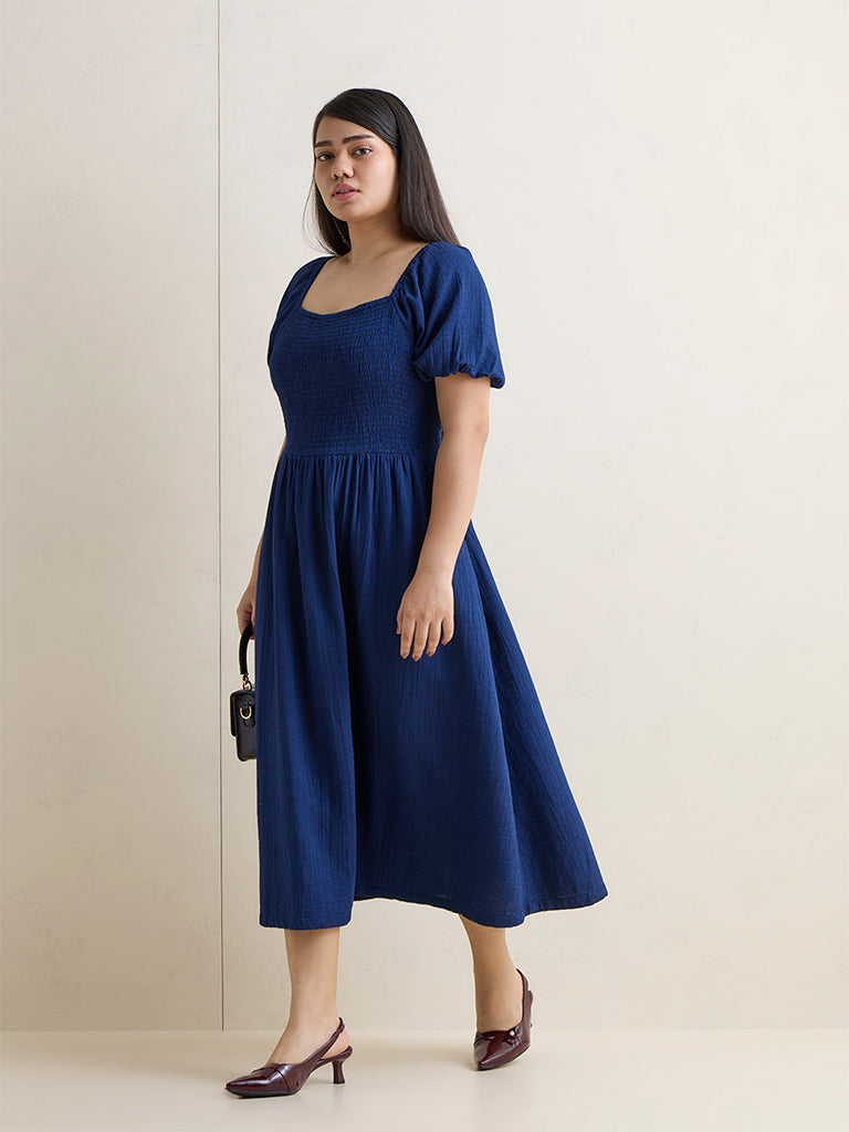 Gia Dark Blue Smocked Cotton A-Line Dress