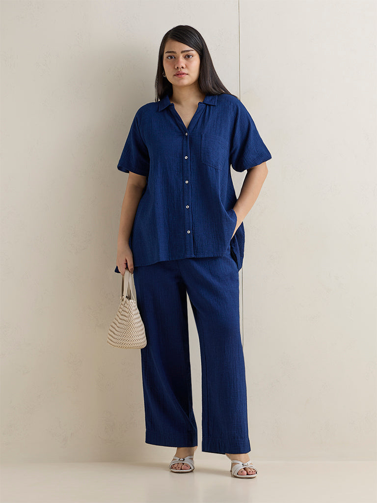 Gia Blue Crinkle Textured High-Rise Cotton Pants