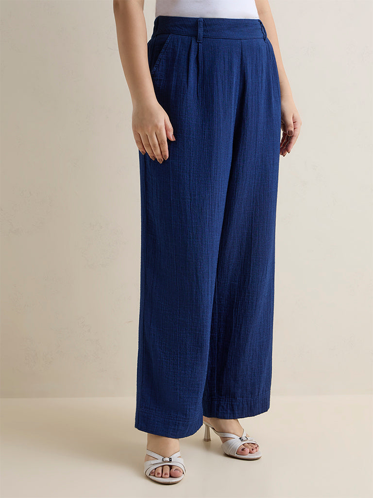 Gia Blue Crinkle Textured High-Rise Cotton Pants