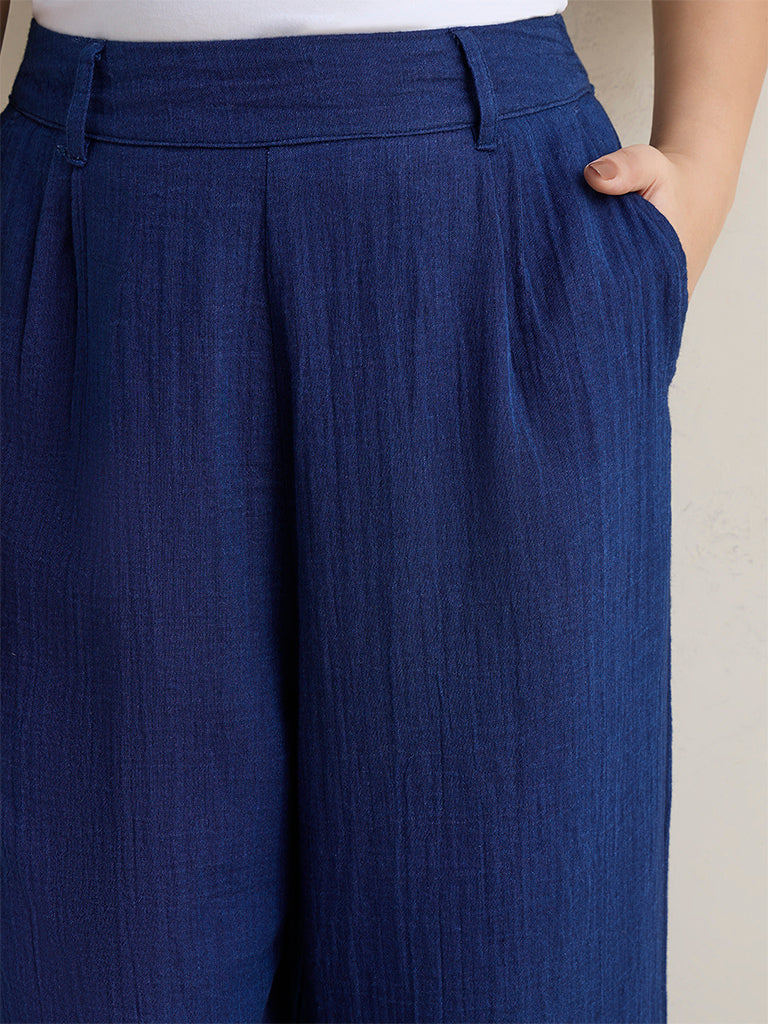 Gia Blue Crinkle Textured High-Rise Cotton Pants