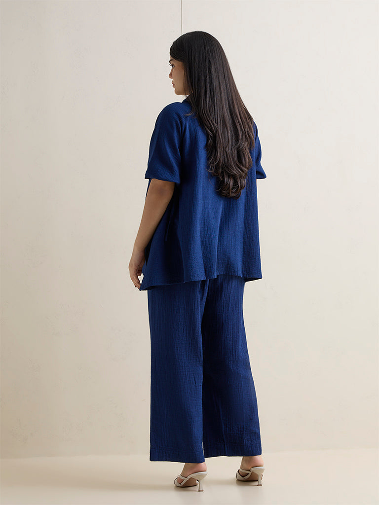 Gia Blue Crinkle Textured High-Rise Cotton Pants