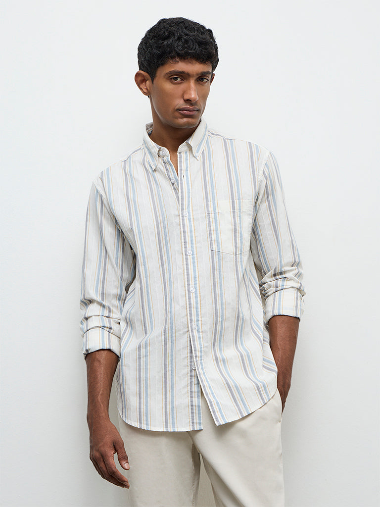 WES Casuals Off-White Striped Relaxed-Fit Cotton Shirt