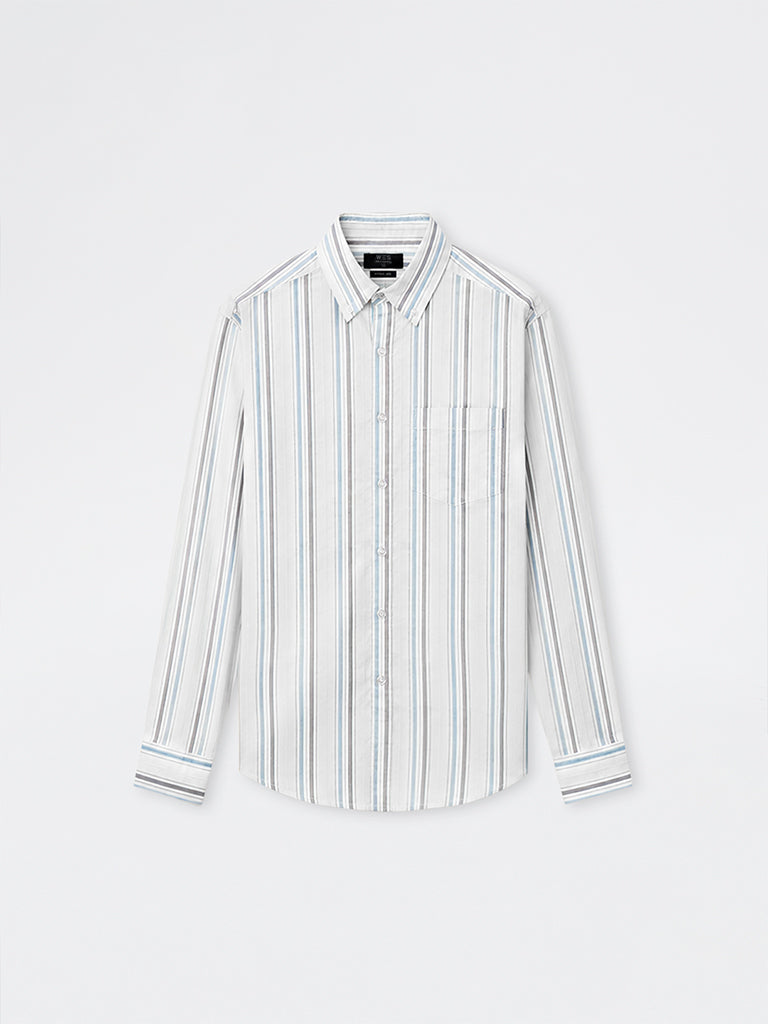 WES Casuals Off-White Striped Relaxed-Fit Cotton Shirt