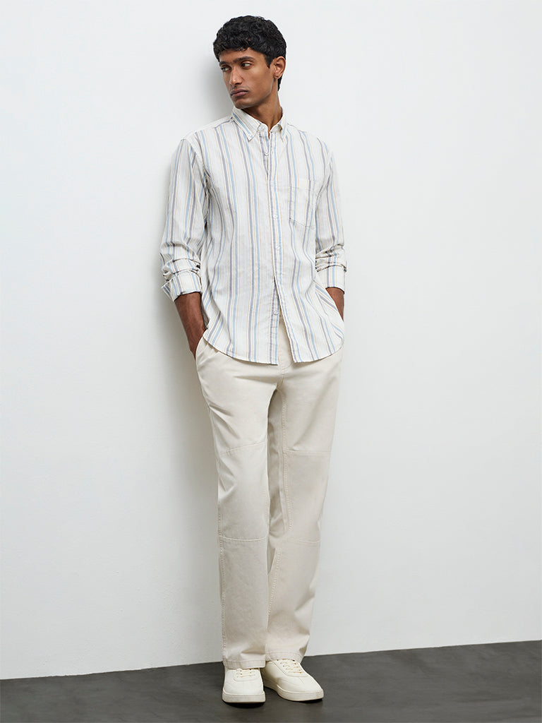 WES Casuals Off-White Striped Relaxed-Fit Cotton Shirt