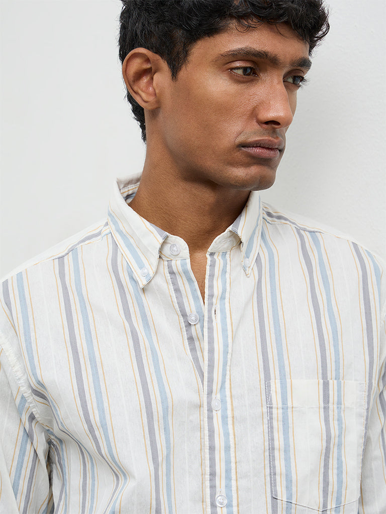 WES Casuals Off-White Striped Relaxed-Fit Cotton Shirt