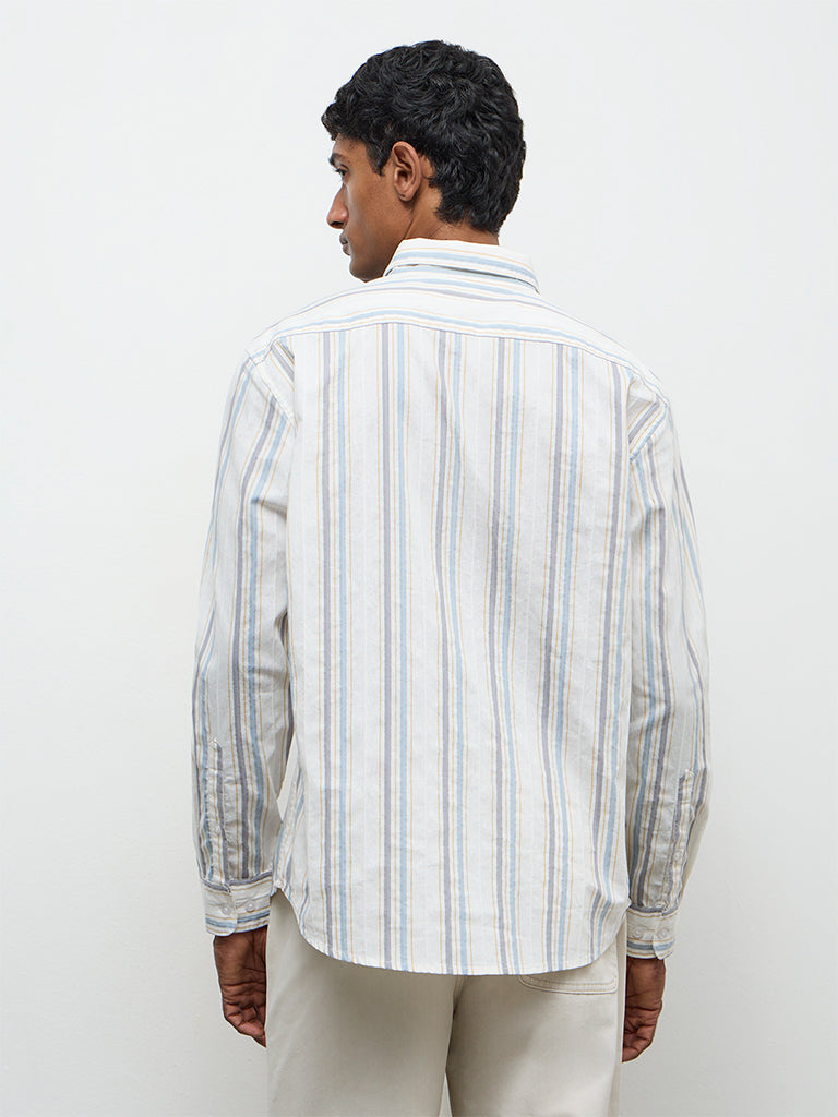 WES Casuals Off-White Striped Relaxed-Fit Cotton Shirt